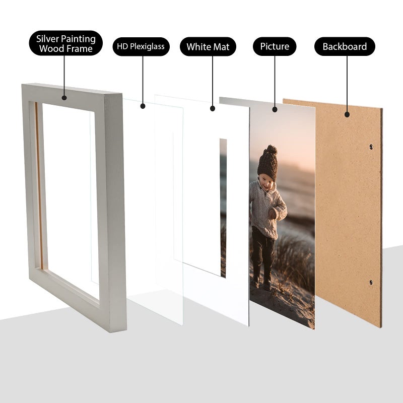 KINLINK 6x8 Picture Frame, Light Grey Solid Wood Frame with Acrylic Plexiglass for Pictures 4x6 with Mat or 6x8 without Mat, Tabletop and Wall Mounting Display Photo Frame 1 Pack - Image 3